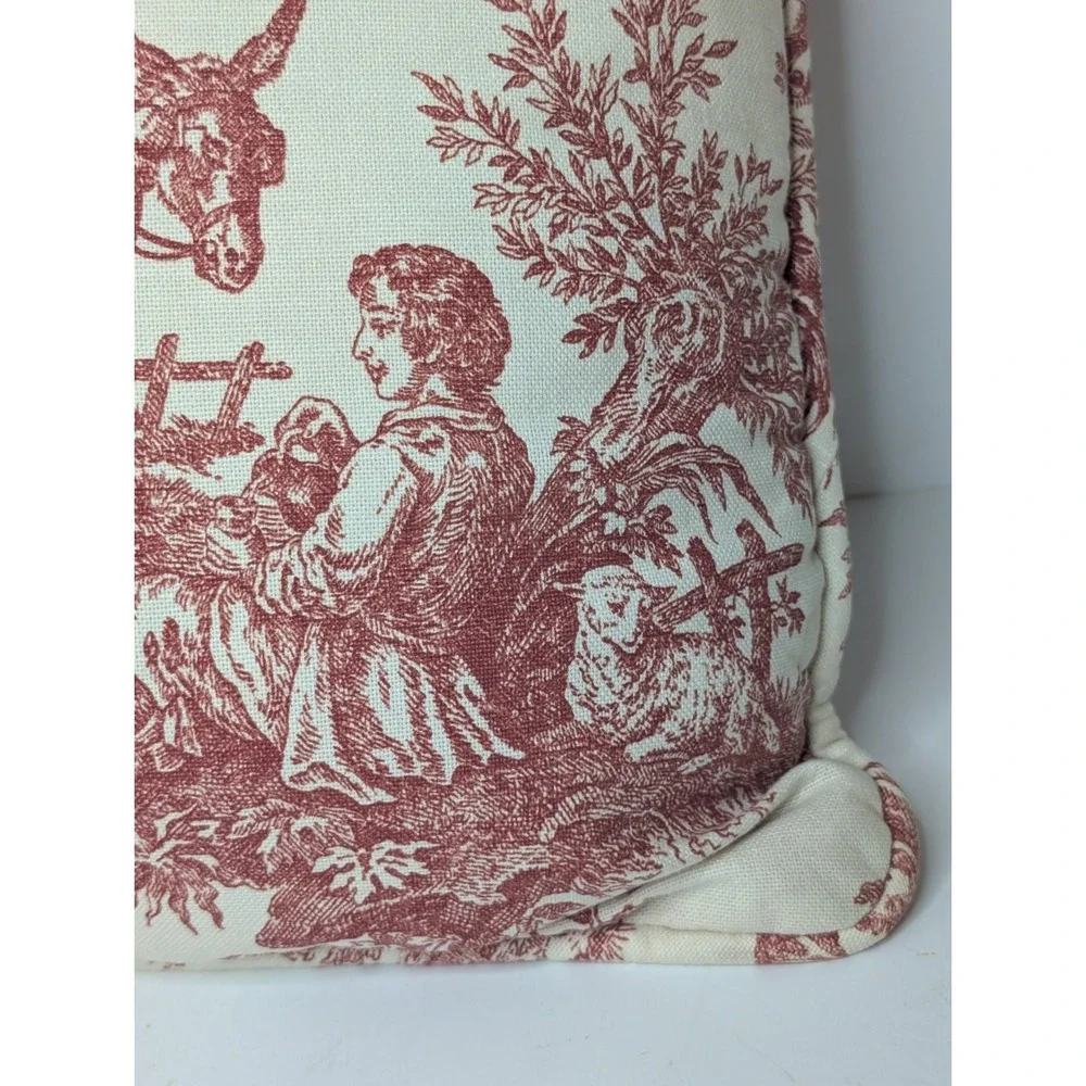 Vintage Red Toile Throw Accent Pillow 15x15 Cream Burgundy Pastoral Cottage
